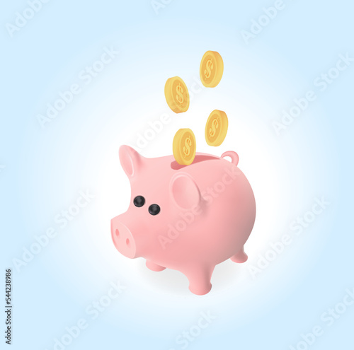 Gold 3D coins fall into the piggy bank. Flying dollars falling into a piggy bank. Saving finances. 3d icon in high quality