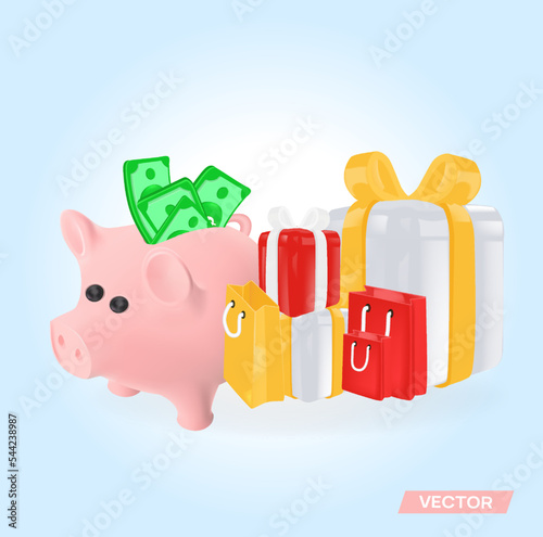Piggy bank with money with boxes of gifts and purchases. Saving and saving money. 3d vector in high quality