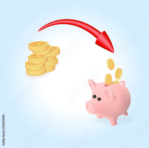 Coins are converted into savings. Piggy bank, cash coins, red arrow. 3d vector in high quality