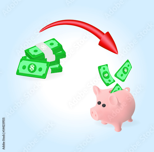 The paper dollar goes into savings. Piggy bank, cash dollars, red arrow. 3d vector in high quality