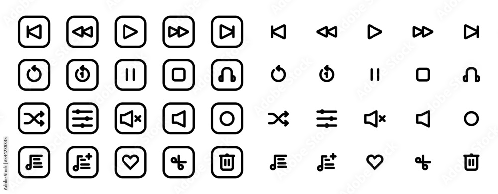 Set of Media player icons in line style. Music, interface, design media player buttons collection. Vector Illustration. Set of Media player icons in line style. Music, interface, design media player buttons collection. Vector Illustration.