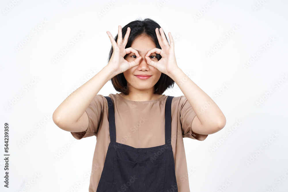 Showing Ok Sign as eye glasses of Beautiful Asian Woman Isolated On White Background Showing Ok Sign as eye glasses of Beautiful Asian Woman Isolated On White Background