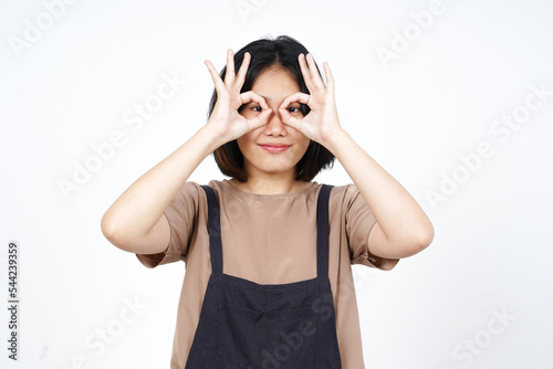 Showing Ok Sign as eye glasses of Beautiful Asian Woman Isolated On White Background