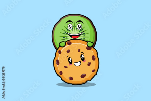 Cute Kiwi fruit cartoon character hiding in biscuits illustration in flat modern design