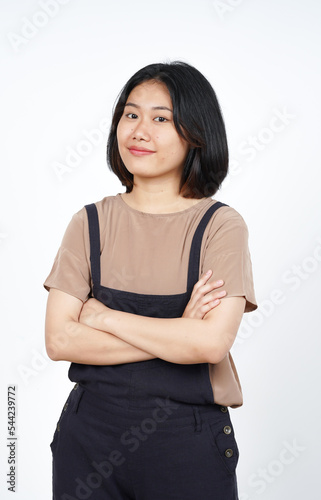 Crossed arms, smile and looking at camera of Beautiful Asian Woman Isolated On White Background © Sino Images Studio