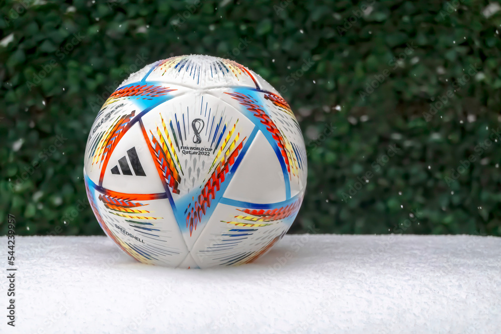 Lusail, Qatar. Nov 7, 2022. An Adidas Al Rihla mini ball Football compact  size and foam core with snow on the ground. Concept: 2022 FIFA World Cup  Qatar during the winter Photos | Adobe Stock