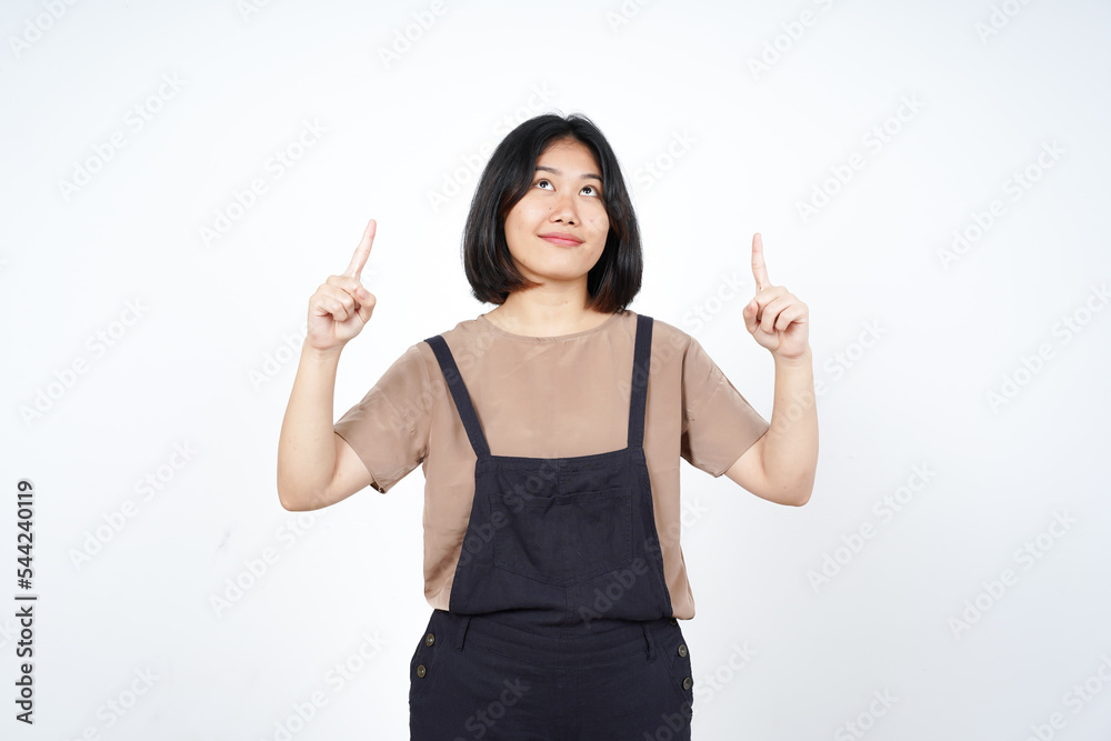 Showing Product and Pointing Up of Beautiful Asian Woman Isolated On White Background Showing Product and Pointing Up of Beautiful Asian Woman Isolated On White Background