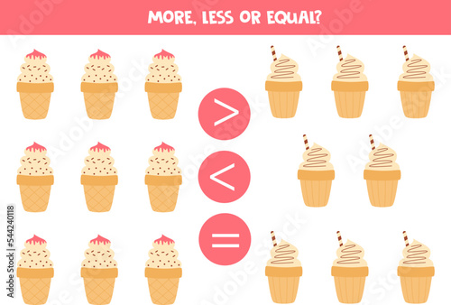 More, less or equal with cartoon ice creams.