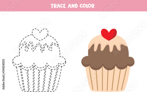 Trace and color cartoon red heart. Worksheet for children.