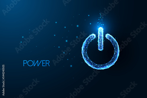Futuristic start power button in glowing low polygonal style isolated on dark blue background