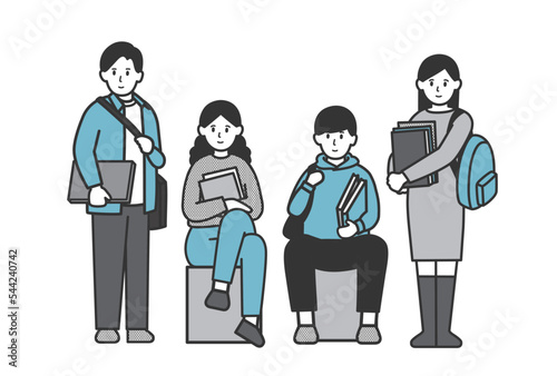 充実したキャンパスライフを過ごす大学生のイラスト