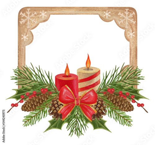Frame made of Christmas plants. Red bow. Christmas berries. Candle. A branch of a fir tree. Holly. Watercolor and gouache elements.  The print is used for packaging design, fabric.