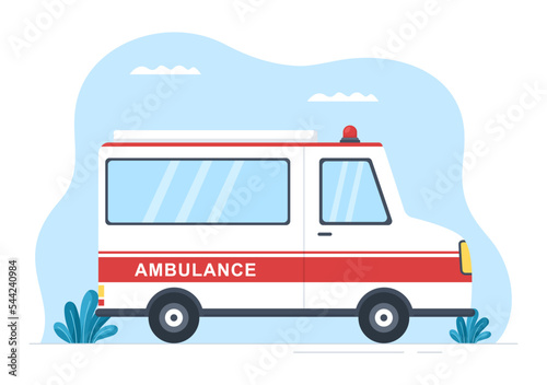 Medical Vehicle Ambulance Car or Emergency Service for Pick Up Patient the Injured in an Accident in Flat Cartoon Hand Drawn Templates Illustration