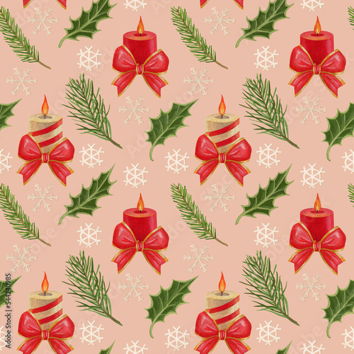 Seamless pattern with Christmas plants. Candle. Bow. Snowflake. A branch of a fir tree. Holly. Watercolor and gouache illustration. The print is used for Wallpaper design, fabric, textile, packaging.