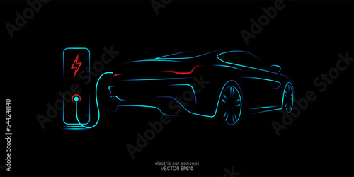 Electric car with charging stations by sketch line rear view blue and red light isolated on black background. Vector illustration.