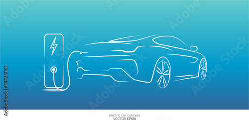 Electric car with charging stations by sketch line back view white on colorful gradient teal blue background. Vector illustration in concept green energy