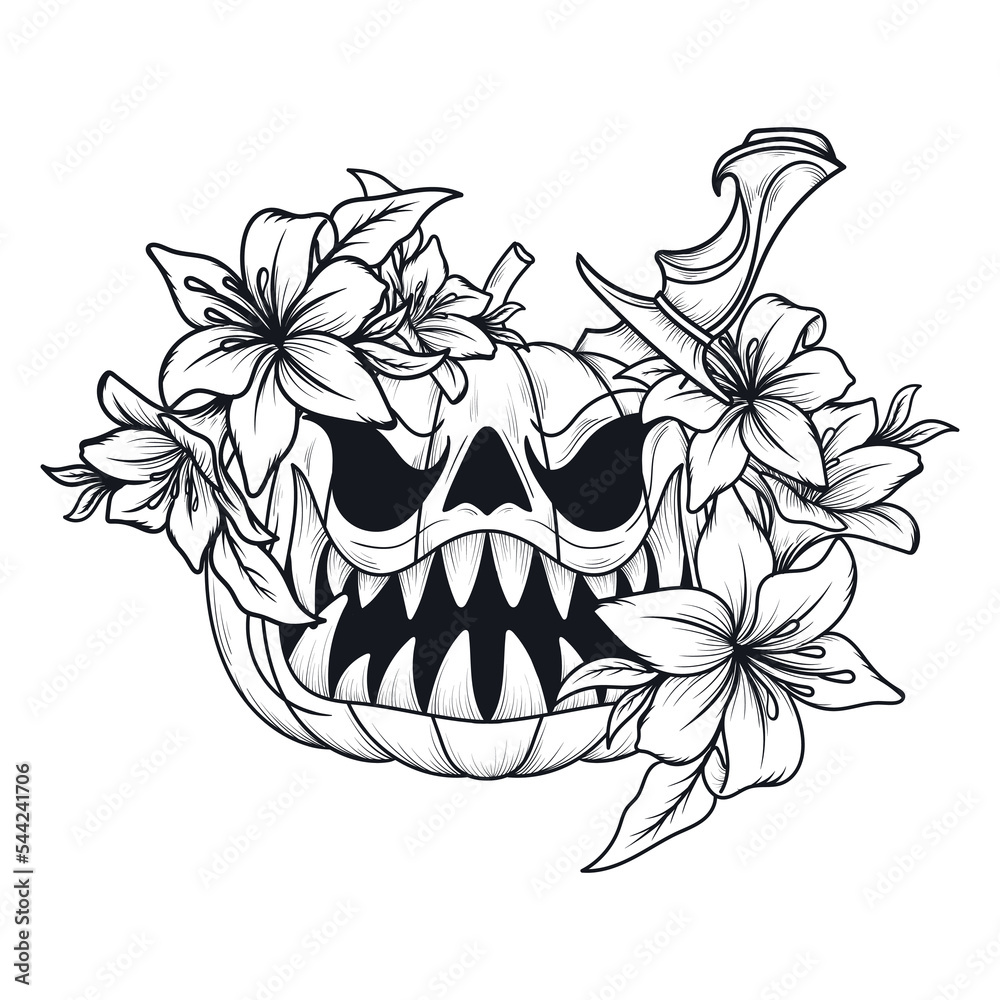 tattoo and t shirt design black and white hand drawn monster pumpkin  engraving ornament Stock Vector | Adobe Stock