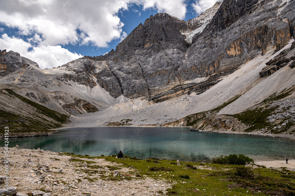 Snow mountain and Five color Lake (Wuse Hai) in Yading national reserve, Daocheng county, Sichuan province, China.