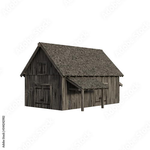 Illustration of an old peasant barn for collages or clip art, isolated on white background. 3D render-illustration.