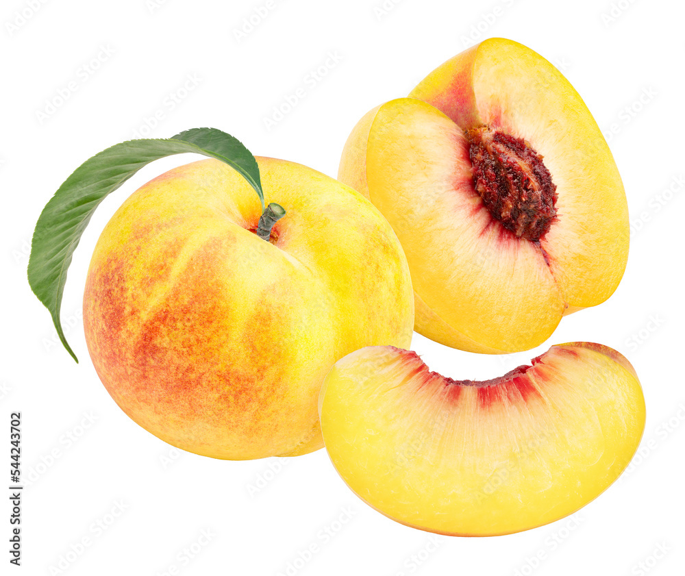 Peach fruit with leaf on white background, Sweet White Peach fruit on a branch over white Png File. Peach fruit with leaf on white background, Sweet White Peach fruit on a branch over white Png File.