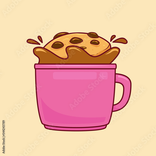 chocolate chip cookies dipping into coffee cup mug illustration vector cartoon style