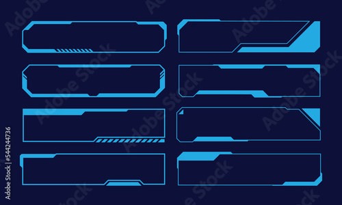 Hud frames. Futuristic text box, border, frame. Sci-fi digital screen, hologram panel. High tech hud interface elements vector set. Modern windows with buttons for computing innovative gameHud frames.
