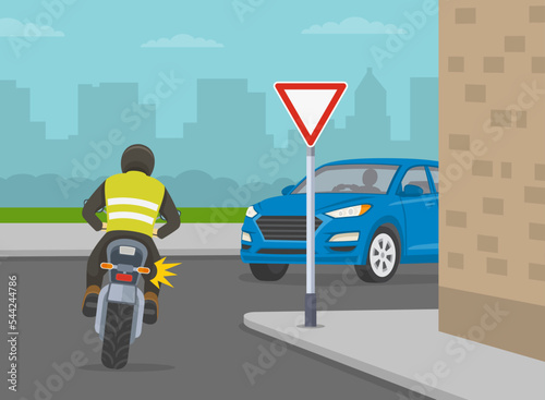 Safe car driving tips and traffic regulation rules. Motorcycle turns right on sharp turn with "give way" sign. Possible accident with oncoming vehicle. Flat vector illustration template.