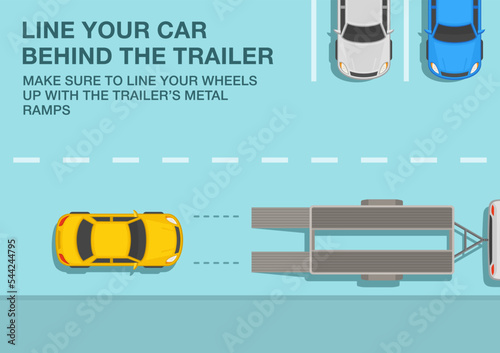 Safe driving tips and traffic regulation rules. Open car hauler trailer with vehicle on it. Line your car behind the trailer, line wheels up with ramps. Top view. Flat vector illustration template.