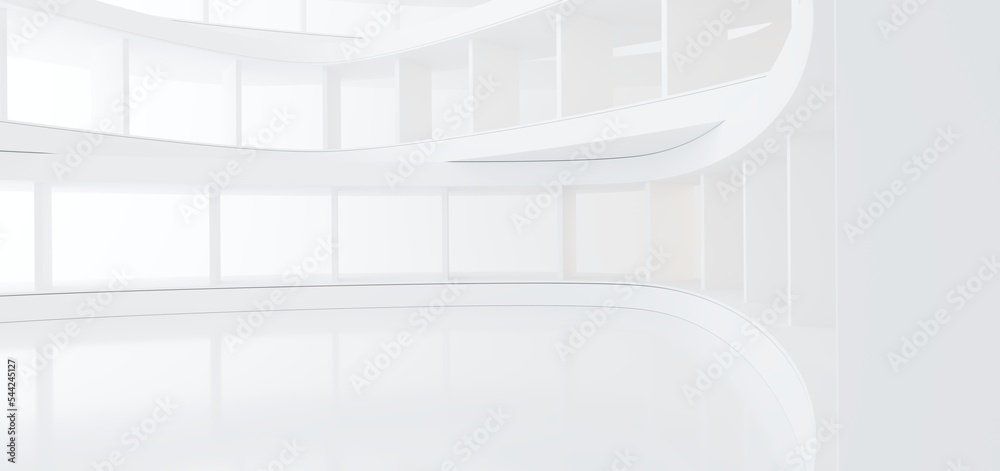 Luxury white abstract architectural minimalistic background. Contemporary showroom. Modern exhibition stand. Empty gallery. Backlight. Polygonal Graphic Design. 3D illustration and rendering.