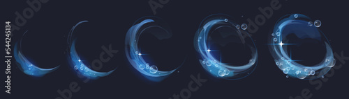 Round blue swirls, splash of water with bubbles isolated on black background. Animation sprite sheet of abstract circle wave, air vortex, clean and fresh effects, vector realistic set