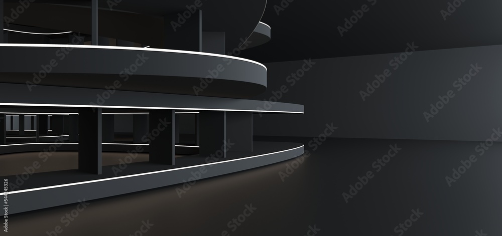 Luxury parametric abstract architectural minimalistic background. Contemporary showroom. Modern black exhibition tunnel. Empty gallery. Neon backlight. Night. Space. 3D illustration and rendering.