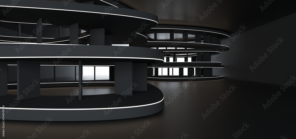 Luxury parametric abstract architectural minimalistic background. Contemporary showroom. Modern black exhibition tunnel. Empty gallery. Neon backlight. Night. Space. 3D illustration and rendering.