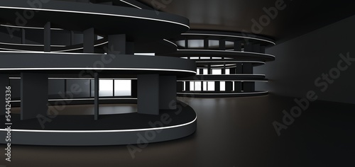 Obraz na płótnie Luxury parametric abstract architectural minimalistic background. Contemporary showroom. Modern black exhibition tunnel. Empty gallery. Neon backlight. Night. Space. 3D illustration and rendering. w salonie