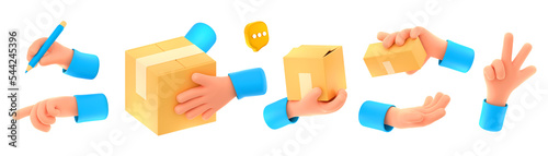 3d render, courier hands with carton boxes, shipping and delivery service, arms with parcels giving, writing notes, pointing gestures. Cargo transportation, cartoon illustration in plastic style