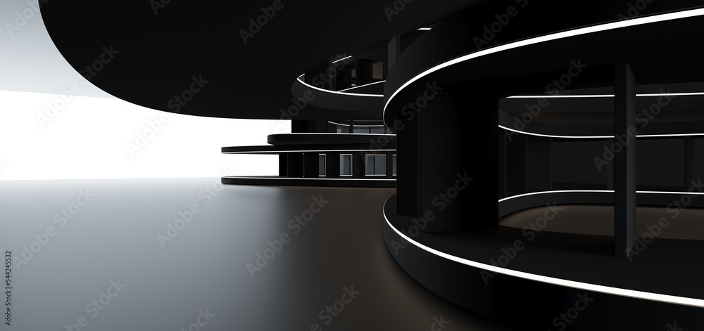 Luxury parametric abstract architectural minimalistic background. Contemporary showroom. Modern black exhibition tunnel. Empty gallery. Neon backlight. Night. Space. 3D illustration and rendering.