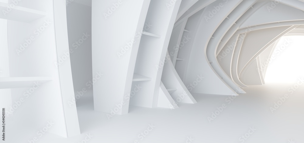 Luxury white abstract architectural minimalistic background. Contemporary showroom. Modern exhibition stand. Empty gallery. Backlight. Polygonal Graphic Design. 3D illustration and rendering.
