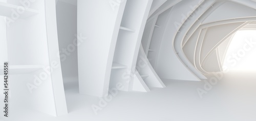 Obraz na płótnie Luxury white abstract architectural minimalistic background. Contemporary showroom. Modern exhibition stand. Empty gallery. Backlight. Polygonal Graphic Design. 3D illustration and rendering. w salonie