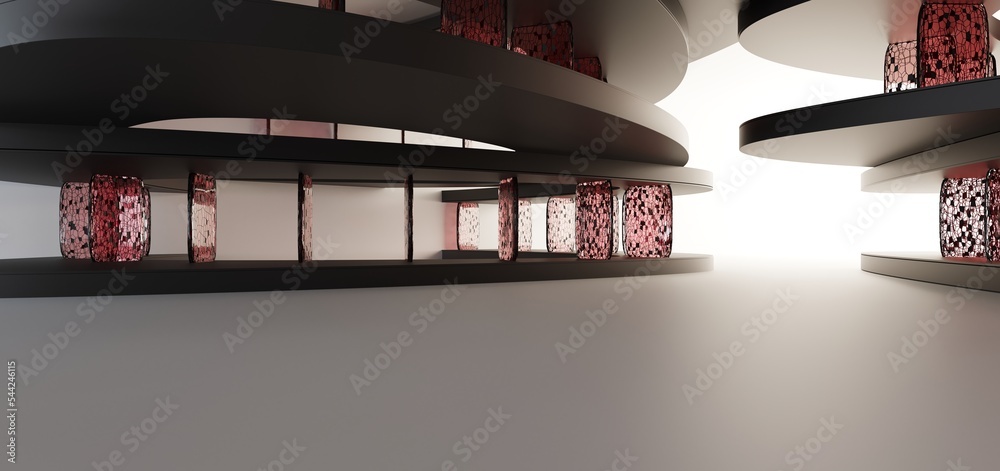 Luxury parametric abstract architectural minimalistic background. Contemporary showroom. Modern black exhibition tunnel. Empty gallery. Stand, table. Interior backlight. 3D illustration and rendering.