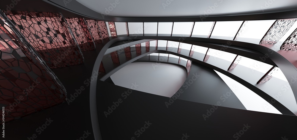 Luxury parametric abstract architectural minimalistic background. Contemporary showroom. Modern black exhibition tunnel. Empty gallery. Stand, table. Interior backlight. 3D illustration and rendering.