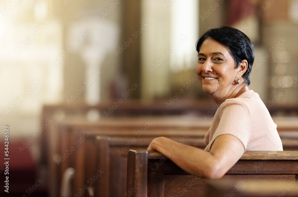 Senior woman, christian and happy in church, spiritual and religion after service, smile and lifestyle. Elderly female smile, portrait and empowerment while sitting in wood bench in catholic chapel Senior woman, christian and happy in church, spiritual and religion after service, smile and lifestyle. Elderly female smile, portrait and empowerment while sitting in wood bench in catholic chapel