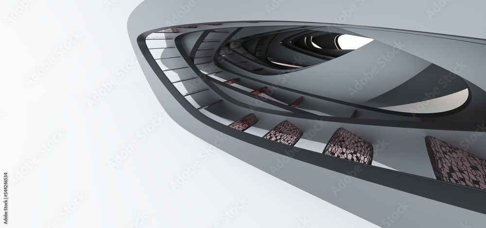 Luxury parametric abstract architectural minimalistic background. Contemporary showroom. Modern black exhibition tunnel. Empty gallery. Stand, table. Interior backlight. 3D illustration and rendering.