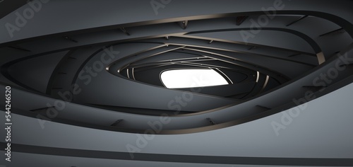 Luxury parametric abstract architectural minimalistic background. Contemporary showroom. Modern black exhibition tunnel. Empty gallery. Stand, table. Interior backlight. 3D illustration and rendering.