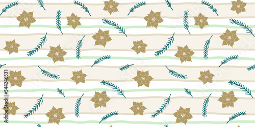 Endless texture with abstract beige poinsettia flowers and turquoise fir branches on a striped background. Vector seamless pattern for festive design  Christmas wallpaper  packaging and wrapping paper