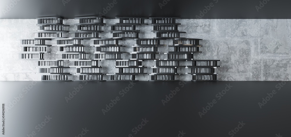 Luxury parametric abstract architectural minimalistic background. Contemporary showroom. Modern black exhibition tunnel. Empty gallery. Stand, table. Interior backlight. 3D illustration and rendering.