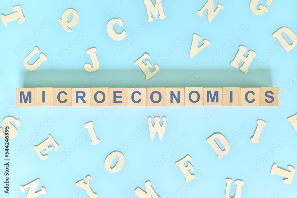 Microeconomics concept in finance and economics. Word typography on wooden blocks flat lay. Microeconomics concept in finance and economics. Word typography on wooden blocks flat lay.