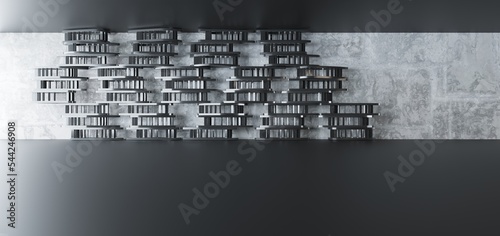 Obraz na płótnie Luxury parametric abstract architectural minimalistic background. Contemporary showroom. Modern black exhibition tunnel. Empty gallery. Stand, table. Interior backlight. 3D illustration and rendering. w salonie