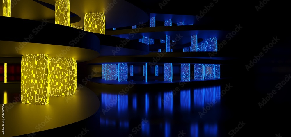 Abstract architectural minimalistic background. Laser show in the ultraviolet spectrum. Modern impulse tunnel. Futuristic space sci-fi frame neon backlight. 3D illustration and rendering.