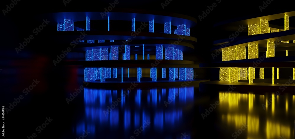 Abstract architectural minimalistic background. Laser show in the ultraviolet spectrum. Modern impulse tunnel. Futuristic space sci-fi frame neon backlight. 3D illustration and rendering.