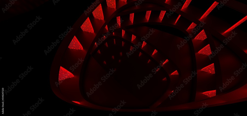 Abstract architectural minimalistic background. Laser show in the ultraviolet spectrum. Modern impulse tunnel. Futuristic space sci-fi frame neon backlight. 3D illustration and rendering.