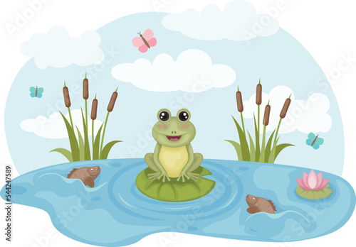 Frog. Vector illustration of a frog. A frog on the lake, sitting on a lily pad, surrounded by fish and butterflies. A lake with water lilies and reeds